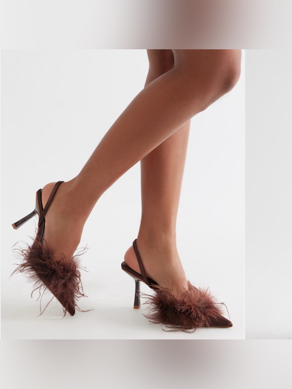 Brown Feather-Trim Slingback Heels